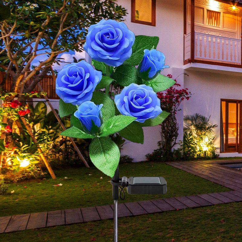 Solar Lights Outdoor Rose Flower, 1 Pack Solar Powered Garden Decorations with 5 Bigger Rose Flower, WaterproofLights for Garden Patio Yard Pathway Decoration (Blue Rose)