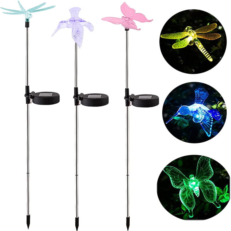 Solar Powered Outdoor Garden LED Lights Color Charging Figurine Stake Landscape Lights Waterproof Dragonfly Butterfly Hummingbird Lamps for Sidewalk Terrace Pathway Yard Backyard Decorations, 3Pack