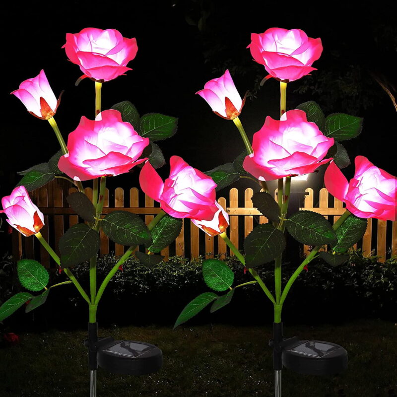 Solar Lights Outdoor Rose Flower, 2 Pack Solar Powered Garden Decorations with 10 Bigger Rose Flower, WaterproofLights for Garden Patio Yard Pathway Decoration (Pink Rose)