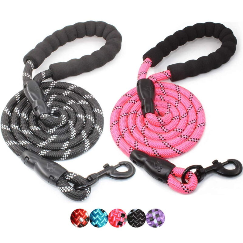 TiokMc Rope Dog Leash for Medium and Large Dogs up to 150 lbs - Comfortable Padded Handle, Reflective Threads - 5FT Long(BLACK/PINK)