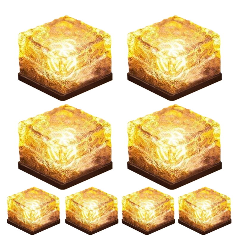 Solar Brick Lights Solar Ice Cube Light Brick Rock Lamp Frosted Glass Landscape Led Lights for Garden Path Patio Outdoor Decoration 8PCS Warm White