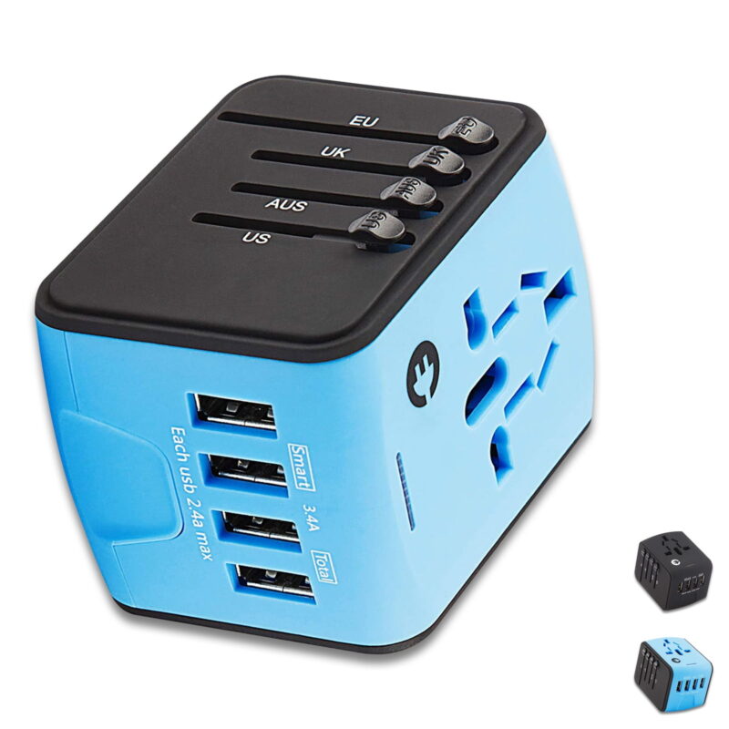 International Power Adapter - Universal Worldwide Travel Charger with 2.4A 4-USB All-in-One Wall Charger for Euro AUS UK USA - Blue