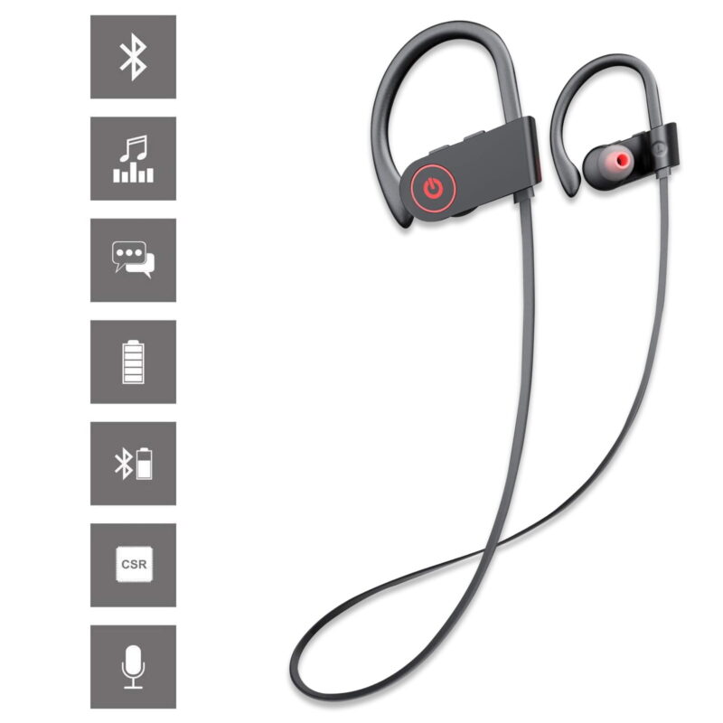 Stereo Sweatproof in-Ear Earbuds, Wireless Sports Earphones, Bluetooth Headphones IPX7 Waterproof Mic Headset for Gym Running Workout, 8 Hrs Playtime, Black