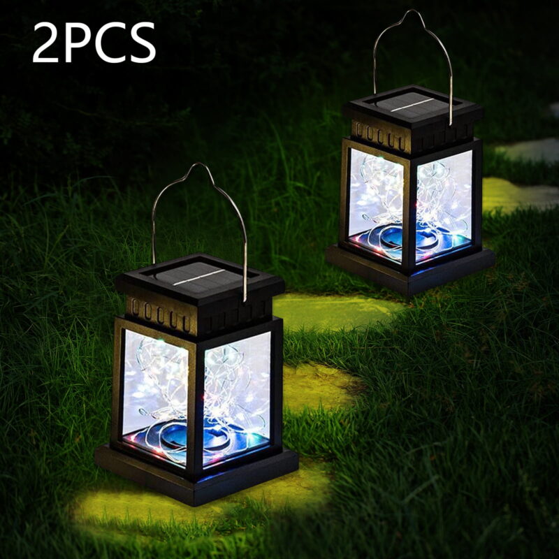 Solar Lantern Lights Outdoor, 2 Pack Vintage Small Palace Hanging Light, Solar Powered Waterproof Landscape Lamp for Pathway Deck Garden Decor, Multicolor