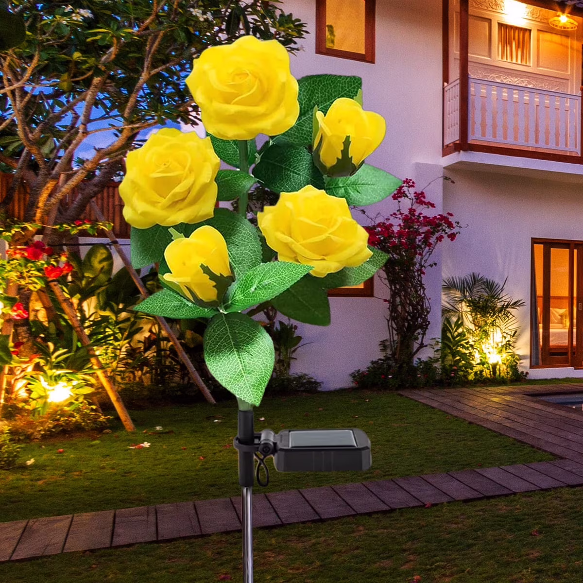 Solar Lights Outdoor Rose Flower, 1 Pack Solar Powered Garden Decorations with 5 Bigger Rose Flower, WaterproofLights for Garden Patio Yard Pathway Decoration (Yellow Rose)