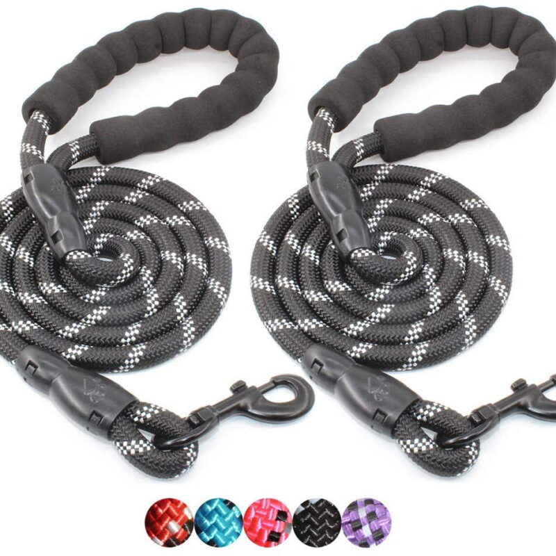 TiokMc Rope Dog Leash for Medium and Large Dogs up to 150 lbs - Comfortable Padded Handle, Reflective Threads - 5FT Long(BLACK/BLACK)