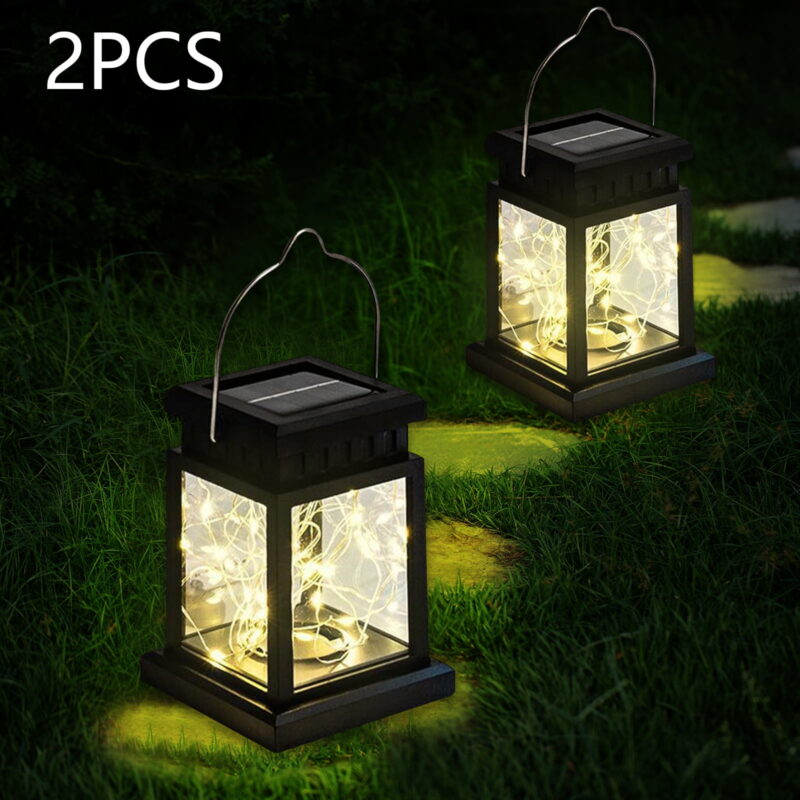Solar Lantern Lights Outdoor, 2 Pack Vintage Small Palace Hanging Light, Solar Powered Waterproof Landscape Lamp for Pathway Deck Garden Decor, Warm White