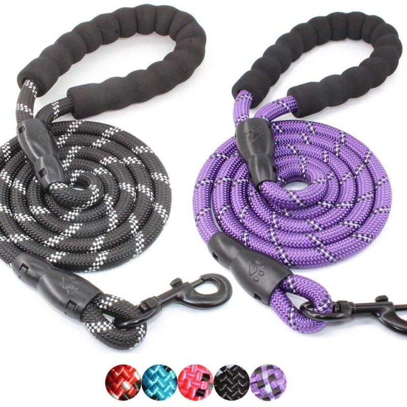 TiokMc Rope Dog Leash for Medium and Large Dogs up to 150 lbs - Comfortable Padded Handle, Reflective Threads - 5FT Long(BLACK/PURPLE-2p)