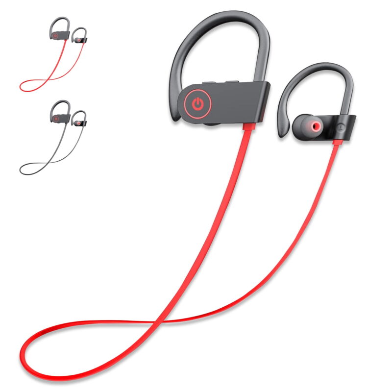 Bluetooth Headphones, Wireless Sport Earphones, 8 Hrs of Playtime, IPX7 Waterproof Earbuds with Bass Stereo Mic for Workout, Running and Gym (Red)