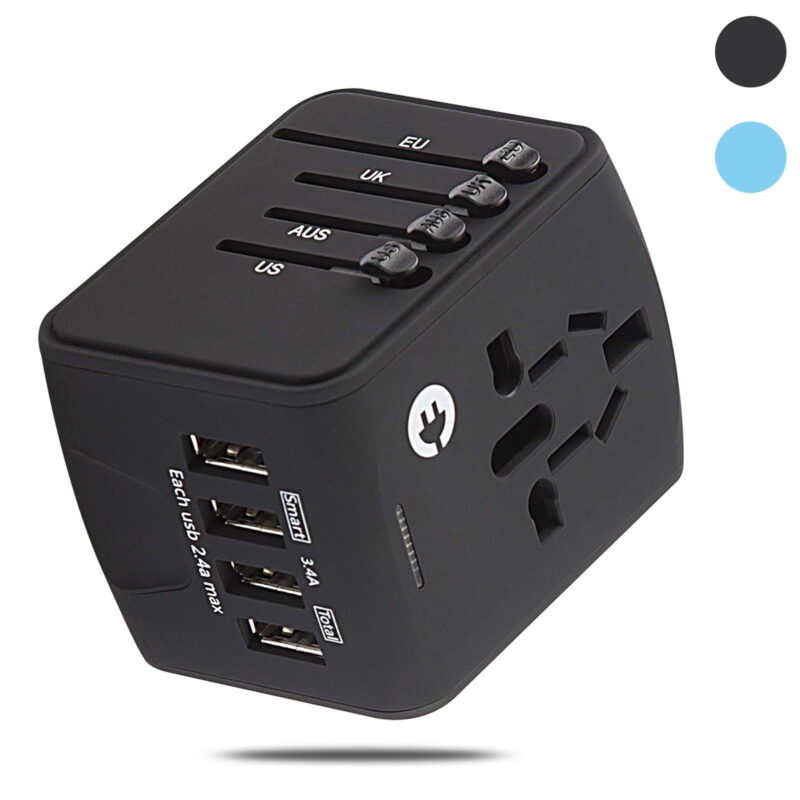 International Power Adapter - Universal Worldwide Travel Charger with 2.4A 4-USB All-in-One Wall Charger for Euro AUS UK USA - Black