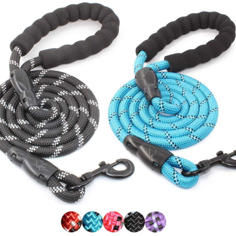 TiokMc Rope Dog Leash for Medium and Large Dogs up to 150 lbs - Comfortable Padded Handle, Reflective Threads - 5FT Long(BLACK/BLUE)