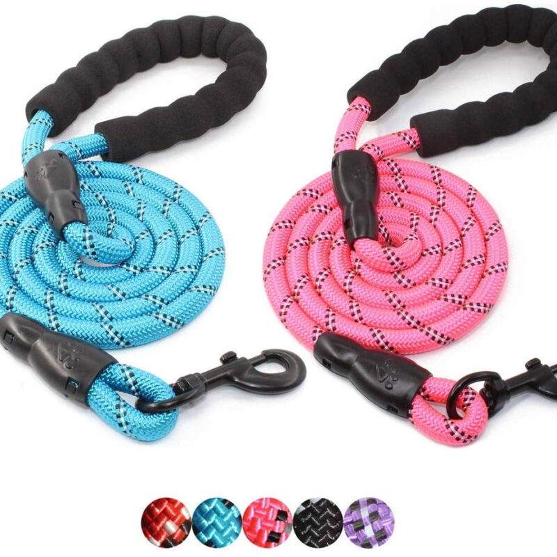 TiokMc Rope Dog Leash for Medium and Large Dogs up to 150 lbs - Comfortable Padded Handle, Reflective Threads - 5FT Long(5FT, BLUE/PINK)