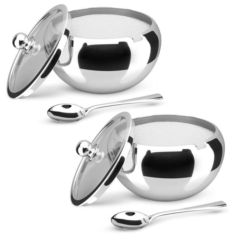 TiokMc Large Sugar Bowl, Stainless Steel With Glass Lid, Includes Stainless Steel Spoon, Holds 2 cups of Sugar, 16.9oz - 2Pack