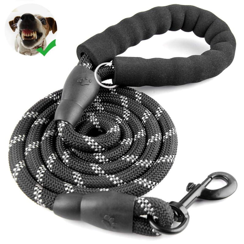 TiokMc Rope Dog Leash for Medium and Large Dogs up to 150 lbs - Comfortable Padded Handle, Reflective Threads - 5FT Long(5FT, BLACK)