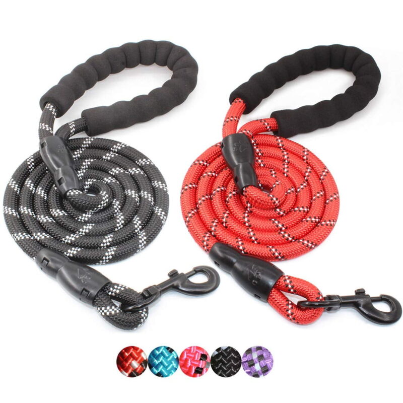 TiokMc Rope Dog Leash for Medium and Large Dogs up to 150 lbs - Comfortable Padded Handle, Reflective Threads - 5FT Long(5FT, BLACK/RED)