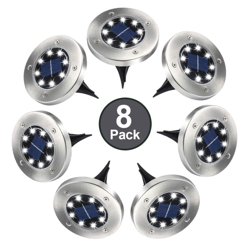 Solar Ground Lights, 8 LED Solar Disk Lights Outdoor Waterproof for Garden Yard Patio Pathway Lawn Driveway Walkway- White (8 Pack)