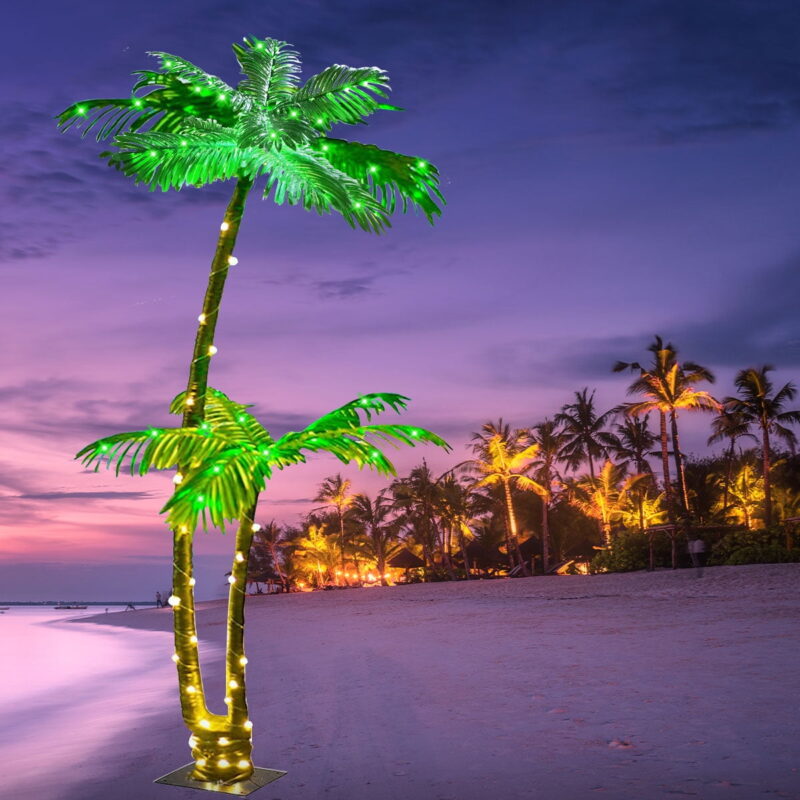 6.9 Ft 202 LED Colorful Lighted Palm Trees with Remote Control, Outdoor Artificial Tropical Palm Tree Lights for Patio Pool Party Bar Christmas Decoration
