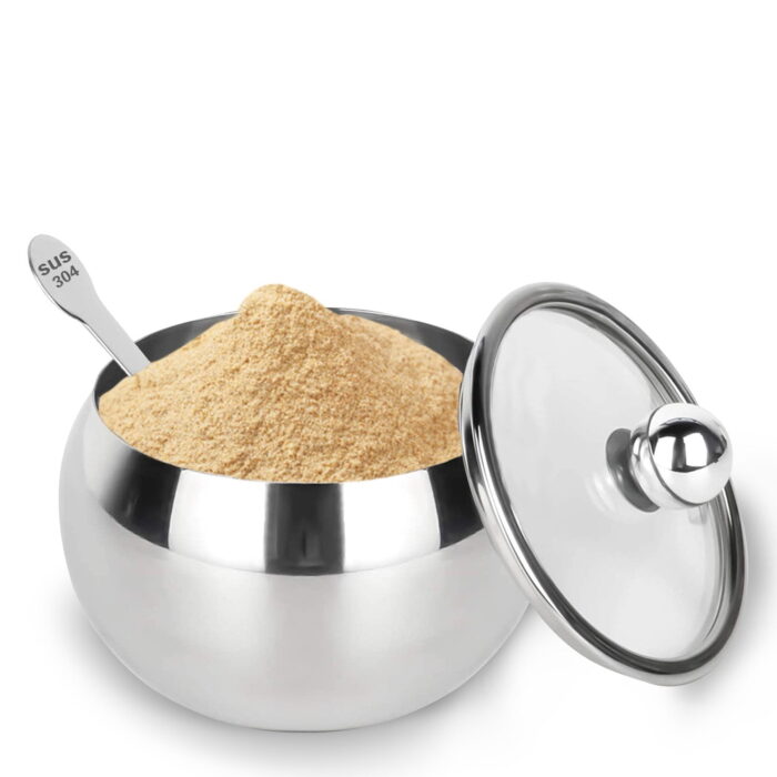 Tiokmc Large Sugar Bowl, Stainless Steel With Glass Lid, Includes Stainless Steel Spoon, Holds 2 Cups of Sugar, 16.9oz Silver
