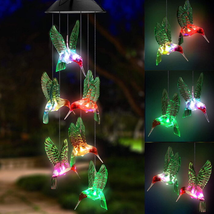 TiokMc Solar Hummingbird Wind Chime - Color Changing LED Light, Decorative Hanging Mobile for Home Patio Garden