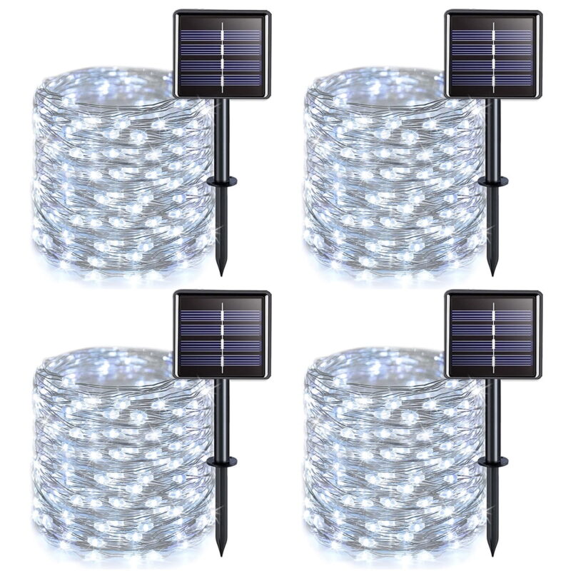 Solar String Lights Outdoor, 66Feet 200 LED Copper Wire Lights, 8 Modes Solar Powered Fairy Lights, Waterproof Solar Decoration Lights for Garden Yard Party Wedding Christmas White -4Pack
