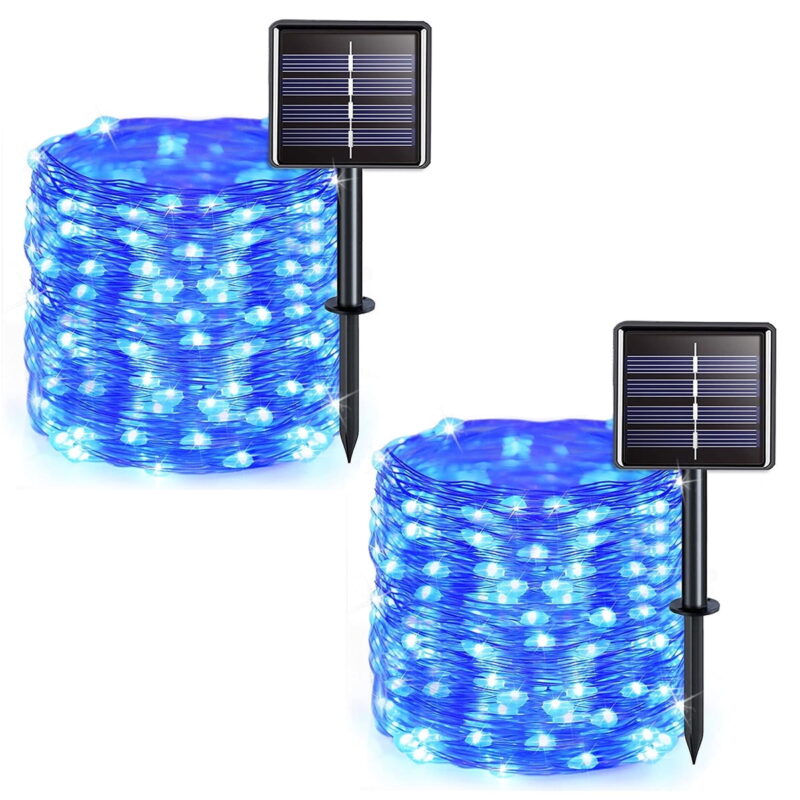 Solar String Lights Outdoor, Mini 33Feet 100 LED Copper Wire Lights, 8 Modes Solar Powered Fairy Lights, Waterproof Solar Decoration Lights for Garden Yard Party Wedding Christmas(Blue)-2Pack
