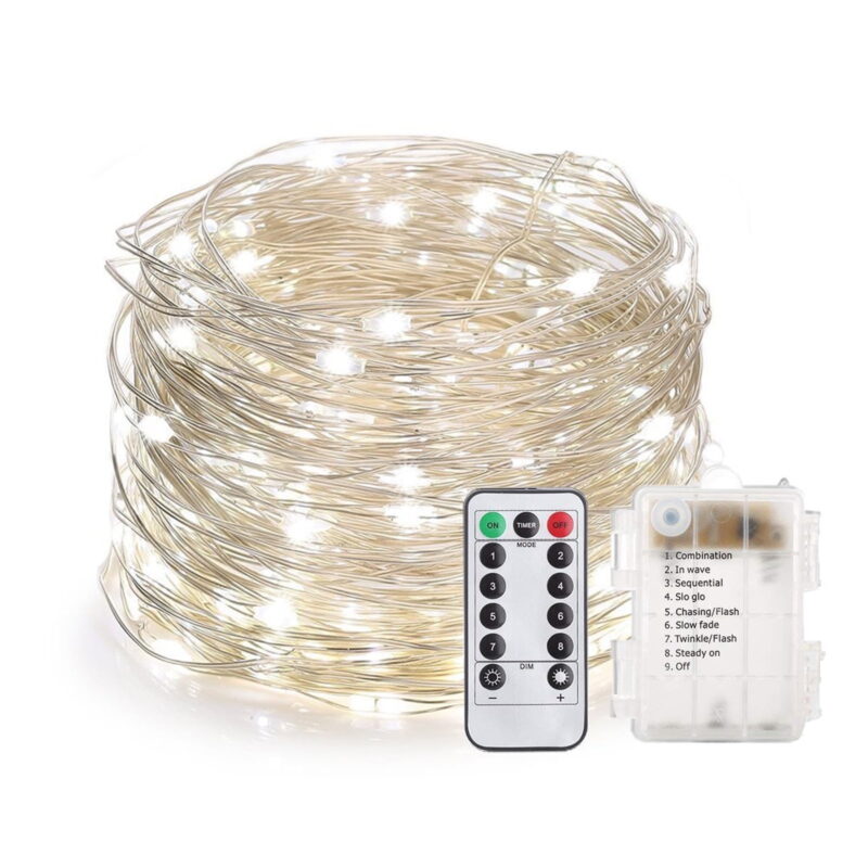 100 LED Rope Lights 33ft Battery Operated String Lights 8 Mode Waterproof White