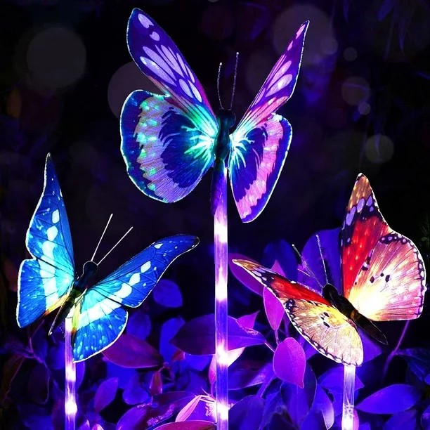 Garden Solar Lights Outdoor, 3 Pack Solar Stake Lights Multi-Color Changing LED Butterfly Garden Decor, Fiber Optic Butterfly Decorative Lights with a Purple LED Light Stake