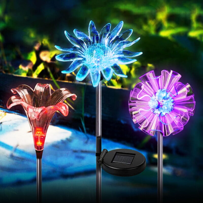 [Set of 3] LED Color Changing Solar Stake Lights Outdoor (Dandelion, Lily, Sunflower) - Solar Light LED Garden Decor Statues - Patio Lights LED Outdoor Multicolor Changing LED Lights