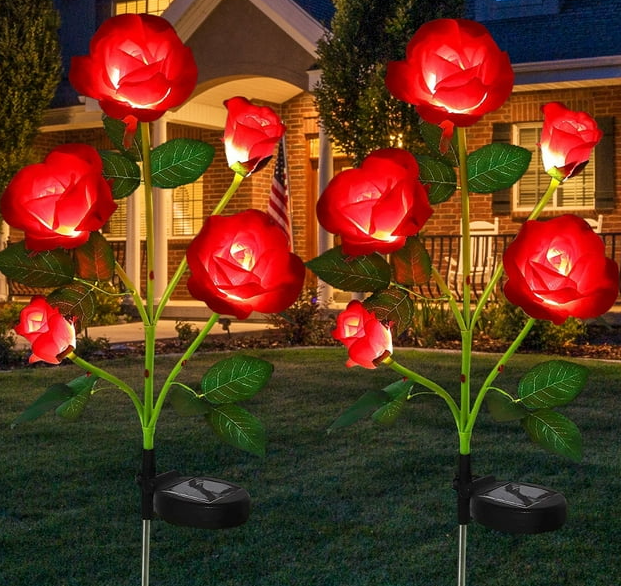 2-Pack Outdoor Solar Powered Rose Flower Stake Lights - 20 Flowers, Waterproof, for Landscape Pathway Garden Patio Yard Walkway Decoration - Red