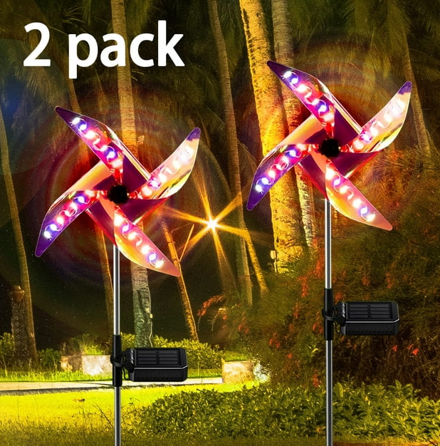 2 Pcs Solar Outdoor Light Wind Spinner Metal Garden Stake Color Changing Light