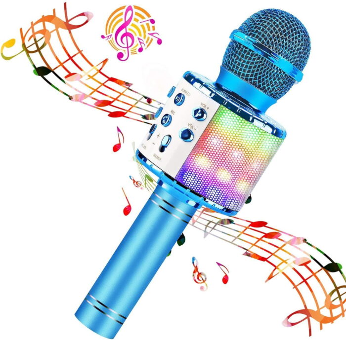 4-in-1 Wireless Bluetooth Karaoke Microphone with LED Lights - Portable Handheld Speaker Player Recorder for Christmas, Birthday, Home Party (Blue)