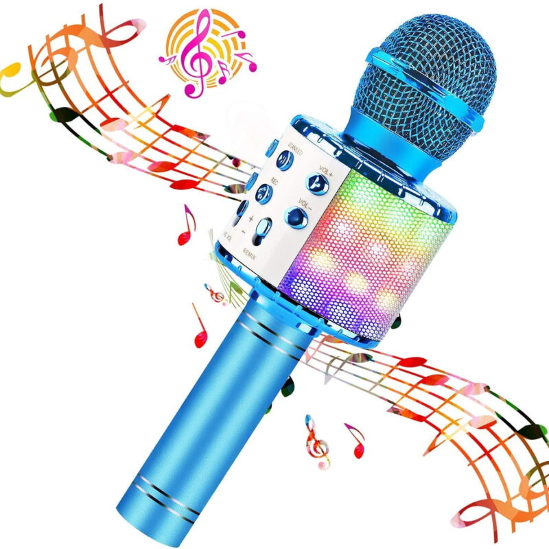 4-in-1 Wireless Bluetooth Karaoke Microphone with LED Lights - Portable Handheld Speaker Player Recorder for Christmas, Birthday, Home Party (Blue)