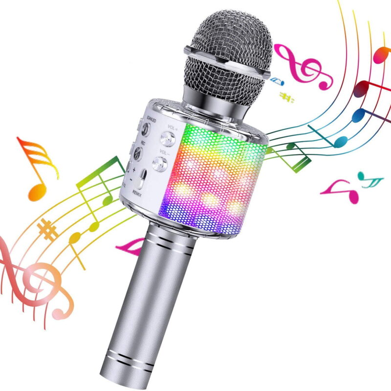 4-in-1 Wireless Bluetooth Karaoke Microphone with LED Lights - Portable Handheld Speaker Player Recorder for Christmas, Birthday, Home Party (Silver)