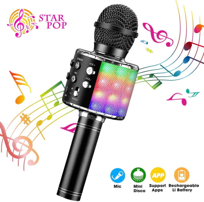 4-in-1 Wireless Bluetooth Karaoke Microphone with LED Lights - Portable Handheld Speaker Player Recorder for Christmas, Birthday, Home Party (Black)