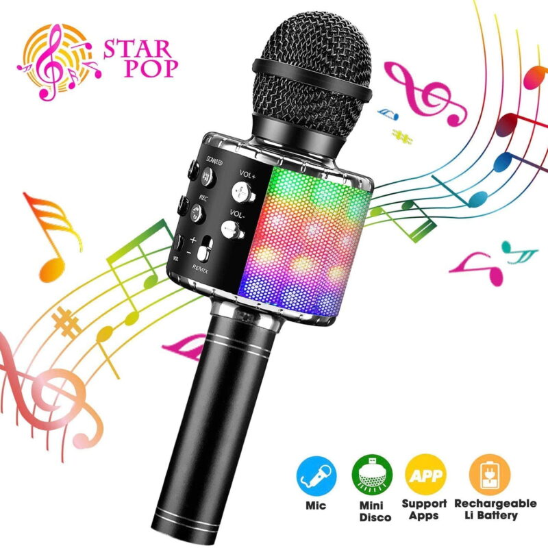 4-in-1 Wireless Bluetooth Karaoke Microphone with LED Lights - Portable Handheld Speaker Player Recorder for Christmas, Birthday, Home Party (Black)
