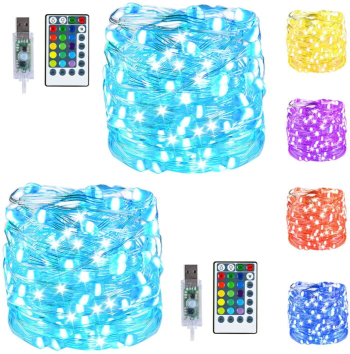 USB Fairy String Lights - 33Ft 100 LED Waterproof, 16 Colors Changing Sliver Wire Lights with 8 Lighting Modes Remote Control - Craft Bedroom Ceiling Halloween Christmas Decoration
