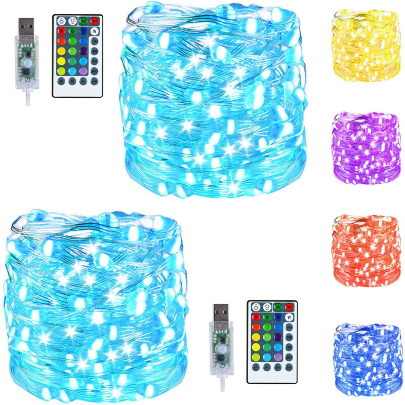 USB Fairy String Lights - 33Ft 100 LED Waterproof, 16 Colors Changing Sliver Wire Lights with 8 Lighting Modes Remote Control - Craft Bedroom Ceiling Halloween Christmas Decoration