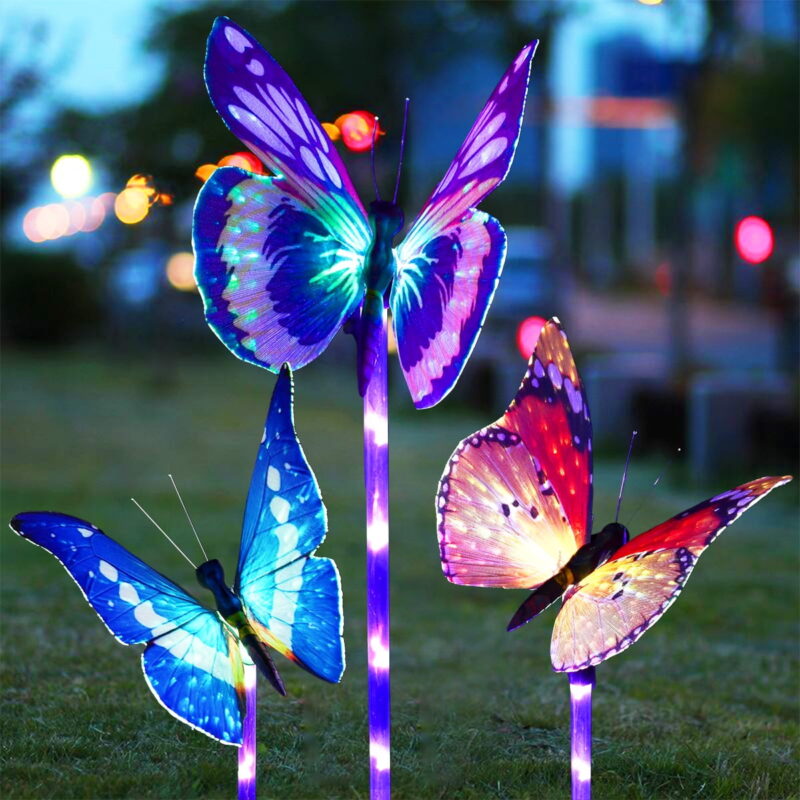 Garden Solar Lights Outdoor, 3 Pack Solar Stake Lights Multi-Color Changing LED Butterfly, Fiber Optic Butterfly Decorative Lights with a Purple LED Light Stake (Outdoor Solar Garden Stake Lights)