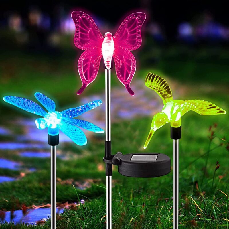 3 Pack Solar Lights Outdoor, Multi-Color Changing LED Garden Stake Butterfly Dragonfly Hummingbird Lights