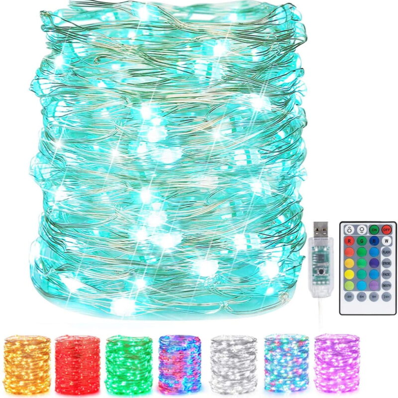 USB Fairy String Lights - 33Ft 100 LED Waterproof, 16 Colors Changing Sliver Wire Lights with 8 Lighting Modes Remote Control - Craft Bedroom Ceiling Halloween Christmas Decoration