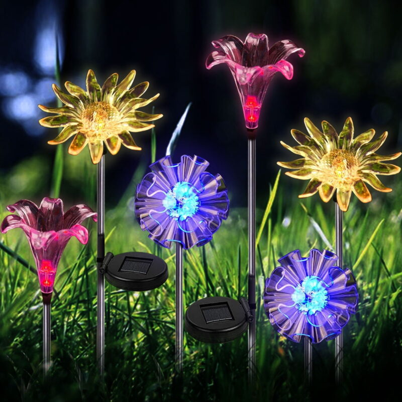 [Set of 6] LED Color Changing Solar Stake Lights Outdoor (Dandelion, Lily, Sunflower) - Solar Light LED Garden Decor Statues - Patio Lights LED Outdoor Multicolor Changing LED Lights
