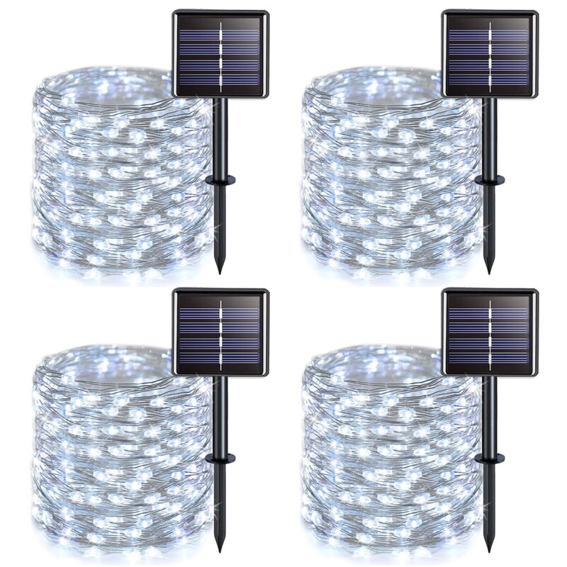 Solar String Lights Outdoor, 33Feet 100 LED Copper Wire Lights, 8 Modes Solar Powered Fairy Lights, Waterproof Solar Decoration Lights for Garden Yard Party Wedding Christmas White -4Pack