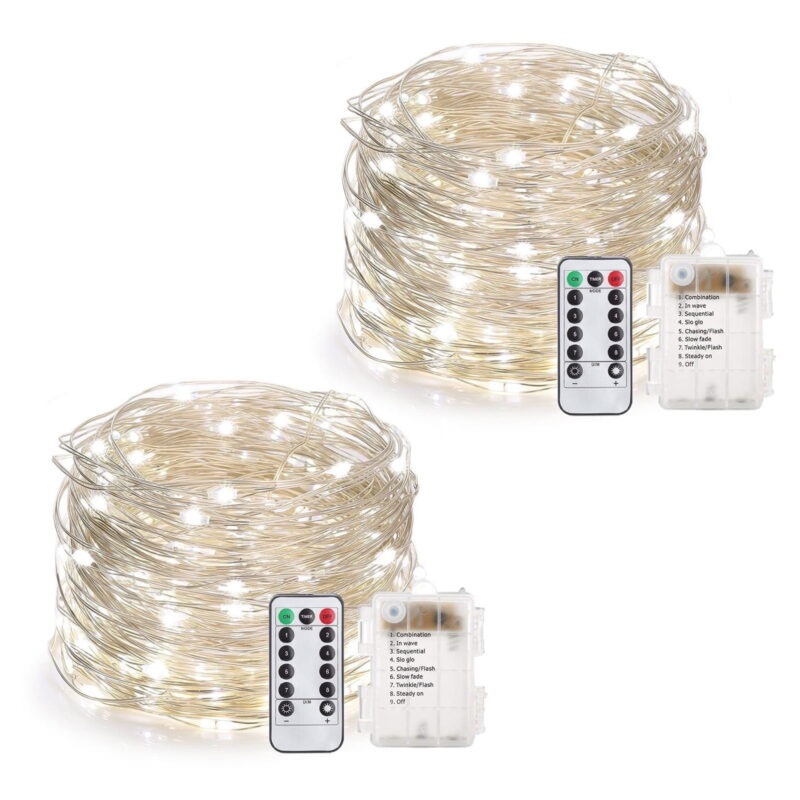 100 LED Rope Lights 33ft Battery Operated String Lights 8 Mode Waterproof with Remote Timer Fairy Lights for Room Girls Bedroom Easter Party Christmas Decorations - 2Pack White