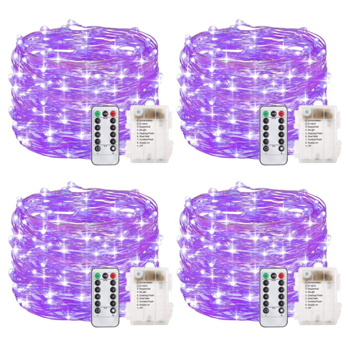 Outdoor String Lights 200LED 66Ft Battery Operated LED Rope Lights with Remote Indoor Timer Fairy Lights for Patio Easter Christmas Party - 4Pack Purple