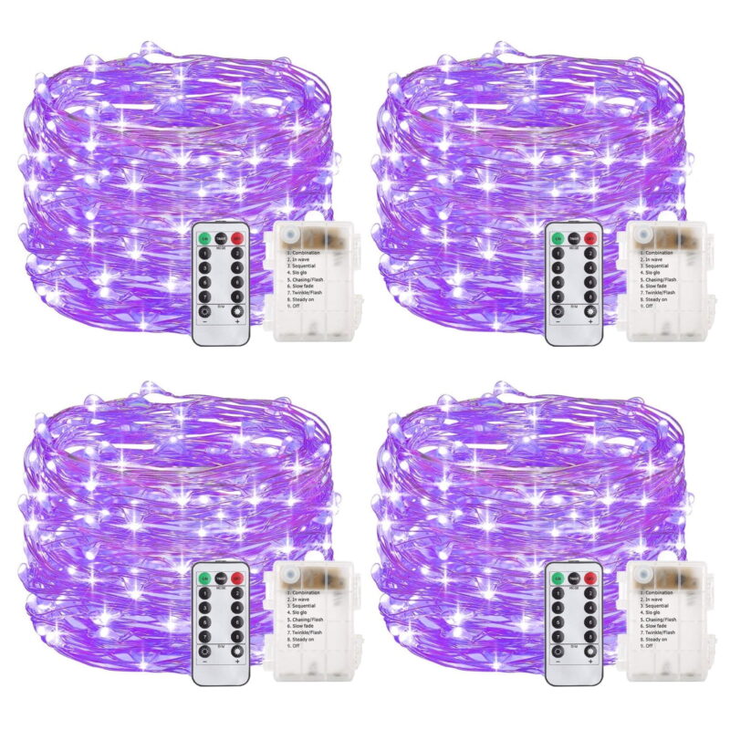 Outdoor String Lights 100LED 33Ft Battery Operated LED Rope Lights with Remote Indoor Timer Fairy Lights for Patio Easter Christmas Party - 4Pack Purple