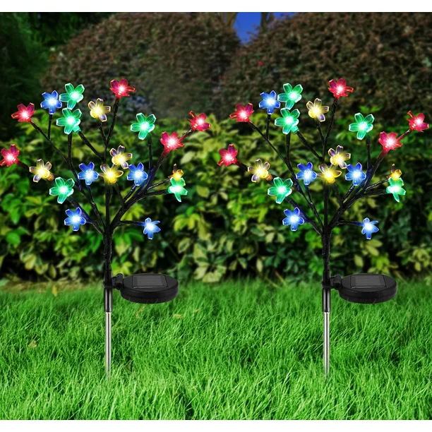 Solar Flower Lights with 20 Cherry Blossom, Outdoor Solar Lights, 2 Pack Solar Fairy Lights Waterproof Multi-Color Solar Powered Garden Lights,for Pathway Patio Yard Christmas Decor