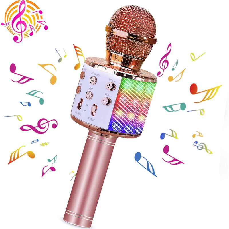 4-in-1 Wireless Bluetooth Karaoke Microphone with LED Lights - Portable Handheld Speaker Player Recorder for Christmas, Birthday, Home Party (Gold)