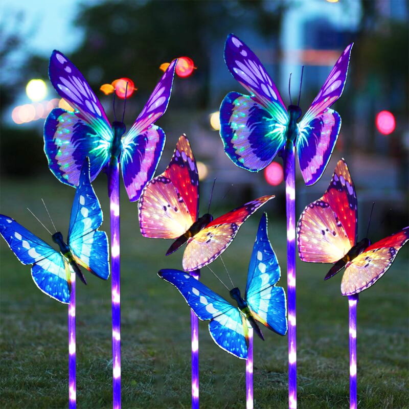Garden Solar Lights Outdoor, 6 Pack Solar Stake Lights Multi-Color Changing LED Butterfly, Fiber Optic Butterfly Decorative Lights with a Purple LED Light Stake (Outdoor Solar Garden Stake Lights)