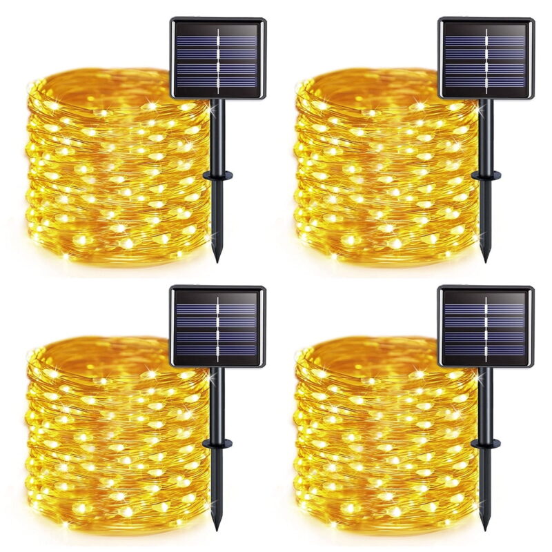 Solar String Lights, 100 LED Solar Fairy Lights 33 feet 8 Modes Lights Waterproof Outdoor String Lights for Garden Patio Gate Yard Party Wedding Indoor Bedroom Warm White 4Pack