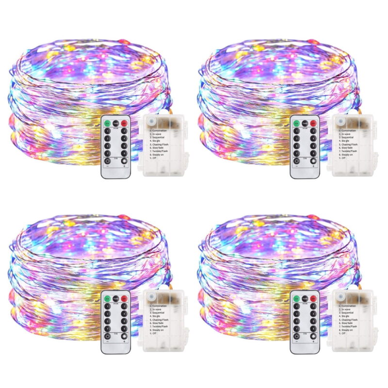 Outdoor String Lights 200LED 66Ft Battery Operated LED Rope Lights with Remote Indoor Timer Fairy Lights for Patio Easter Christmas Party - 4Pack Multi Color
